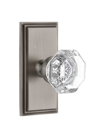 Grandeur Carre Rosette Door Set with Chambord Crystal-Glass Knobs in Antique Pewter.